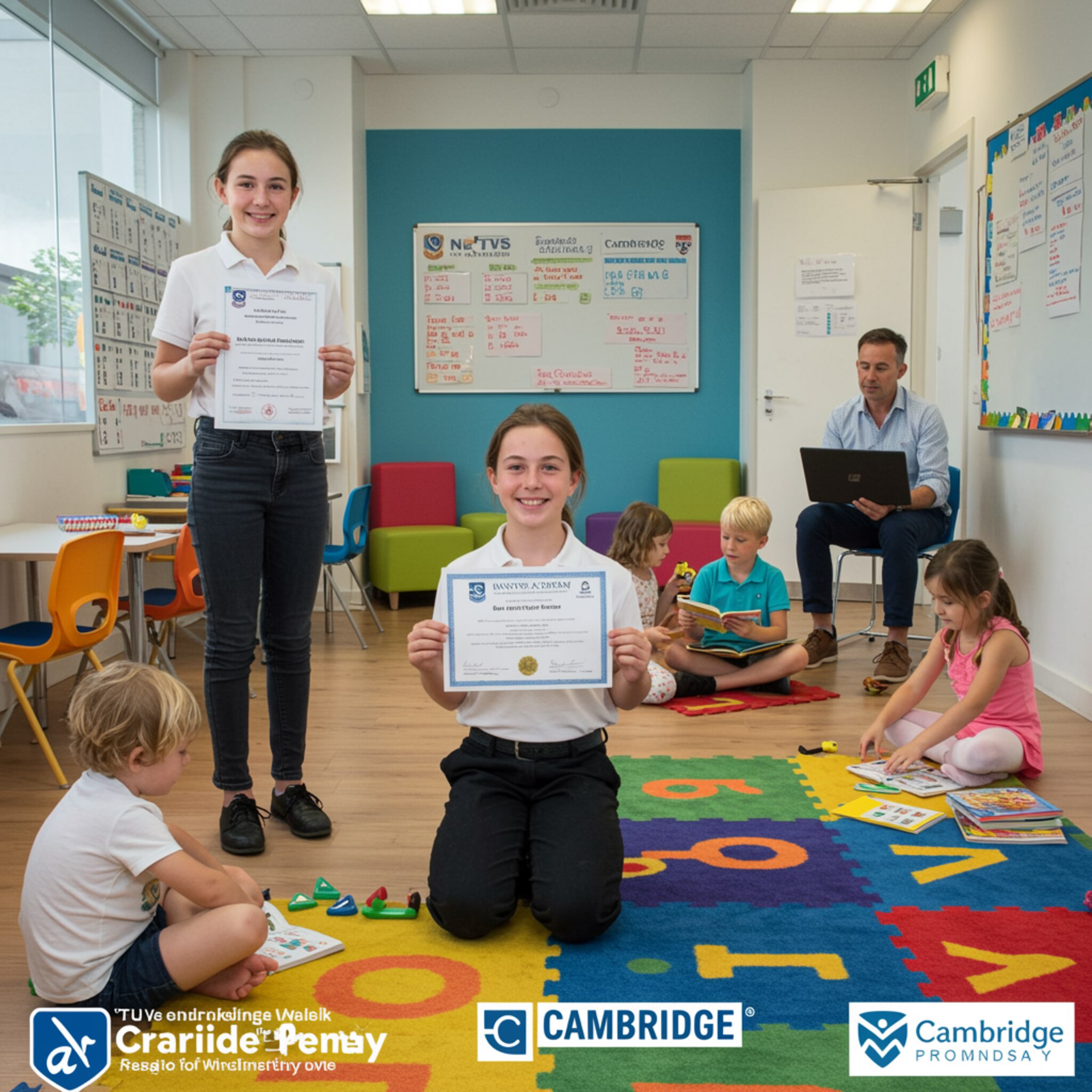 "Estudiante adolescente sosteniendo un certificado de examen de Cambridge en un centro de aprendizaje de inglés de NATVS ACADEMY, con un aula moderna y colorida que refleja la excelencia académica."