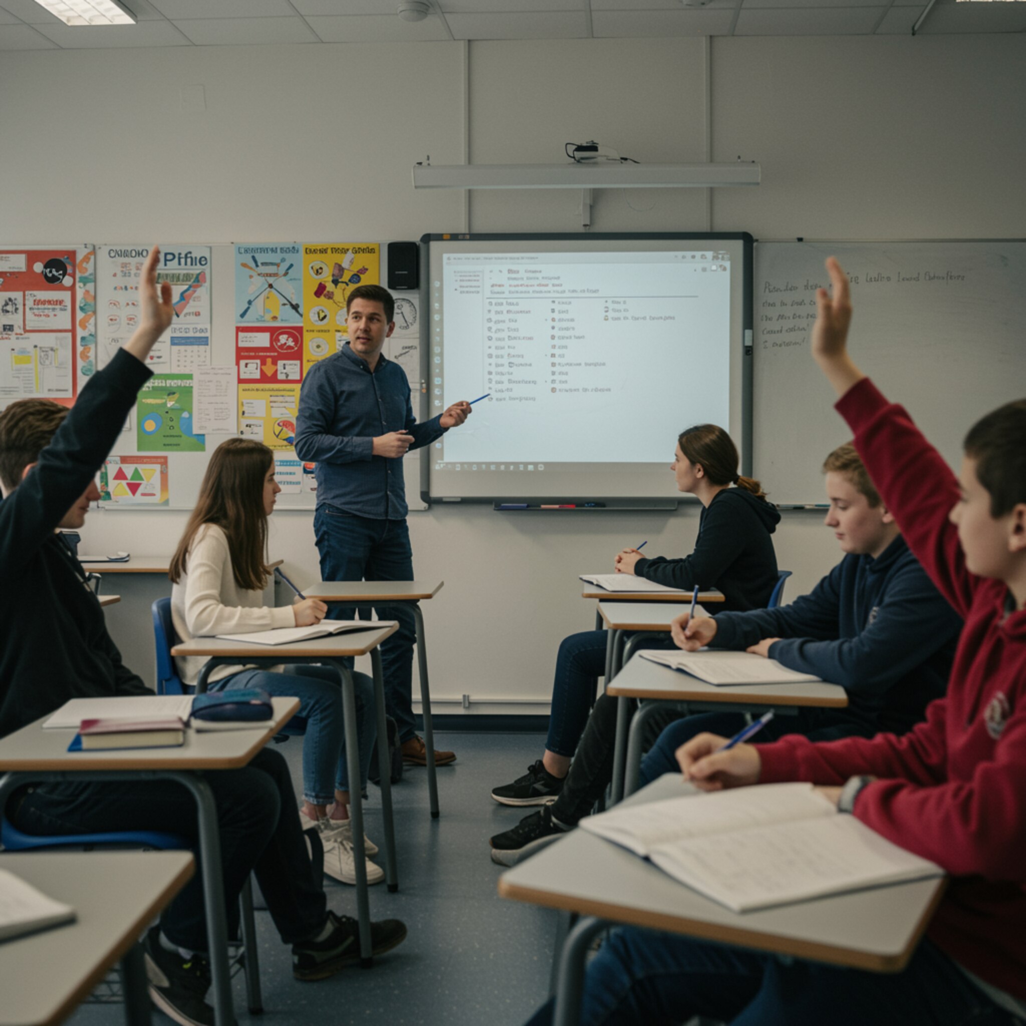 "Aula moderna y vibrante con un profesor masculino enseñando gramática en una pizarra digital, rodeado de adolescentes participativos en un ambiente de aprendizaje dinámico."