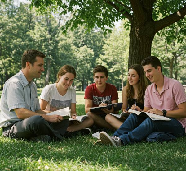 "Profesor de inglés enseña a adolescentes en un campamento de verano al aire libre, rodeados de naturaleza y con un ambiente alegre."