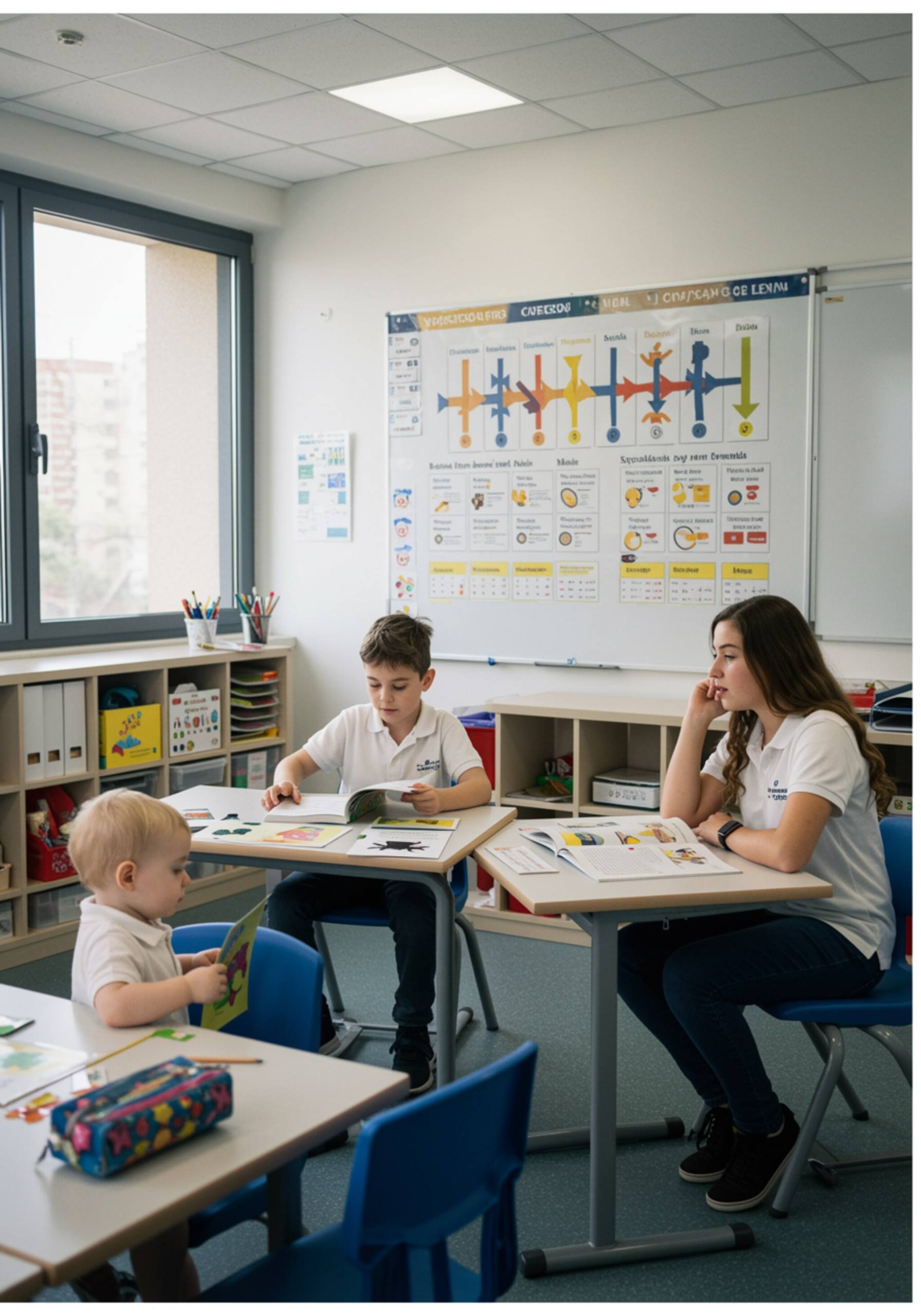 "Arte digital atractivo para la sección ‘Nuestros cursos anuales de inglés’ de NATVS ACADEMY, que muestra a estudiantes de diferentes edades en un aula moderna."