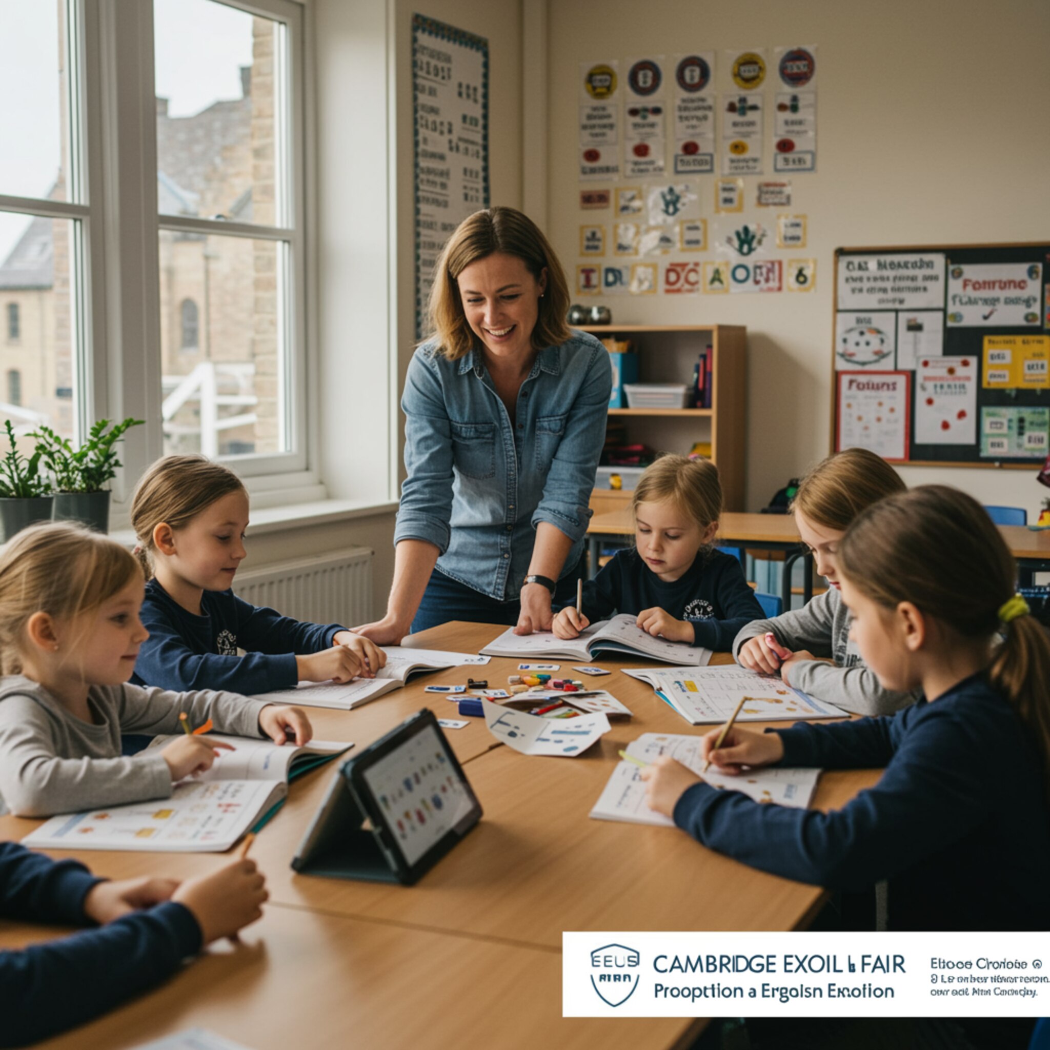 imagen5 2 "Aula moderna de inglés iluminada con luz natural, con una profesora sonriente y estudiantes trabajando en materiales de preparación para exámenes de Cambridge."