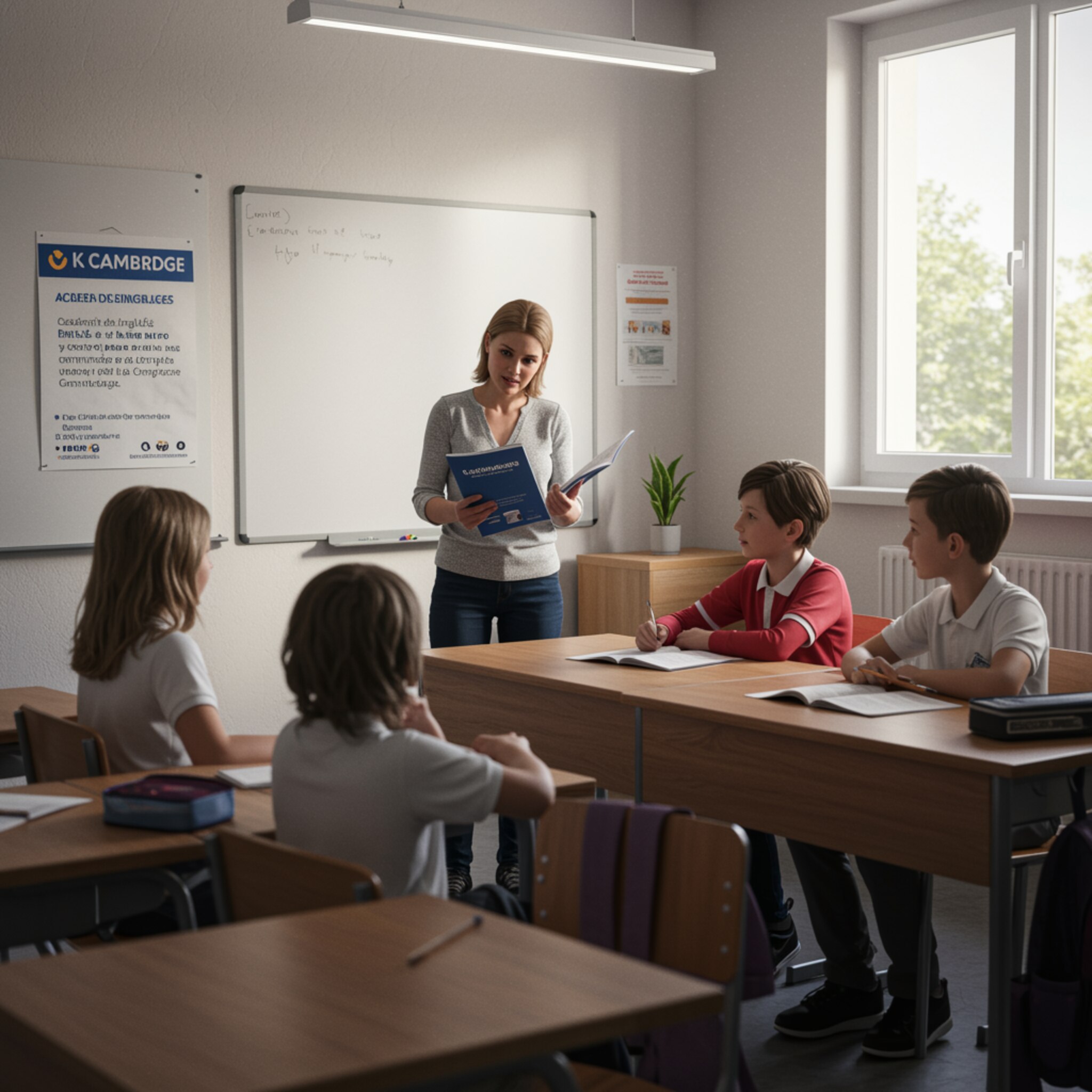 "Ilustración digital realista de un aula moderna para la landing page de NATVS ACADEMY, mostrando a una profesora de inglés con alumnos y ambiente acogedor."