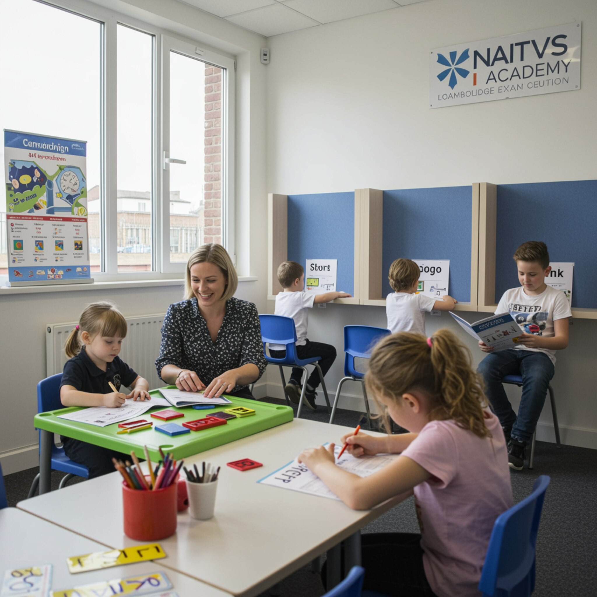 "Aula moderna en NATVS ACADEMY con profesora sonriente y estudiantes de diversas edades aprendiendo inglés, destacando un ambiente cálido y profesional para exámenes de Cambridge."